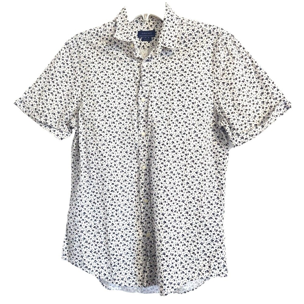 Zara Men's White and Navy Slim Fit Short Sleeve Shirt 100% Cotton Sz M